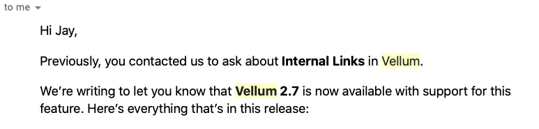 Email from Brad at Vellum about internal linking