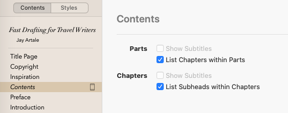 Vellum add list of subheads to your table of contents